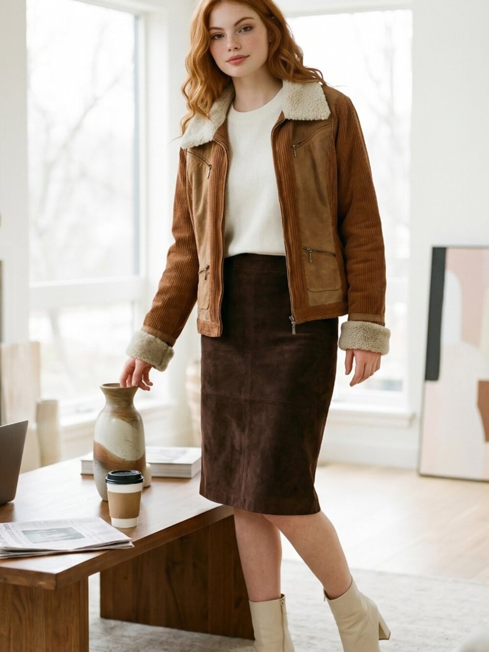 Awesome Vintage Moda International Suede Corduroy Bomber Rust/Camel Brown Jacket